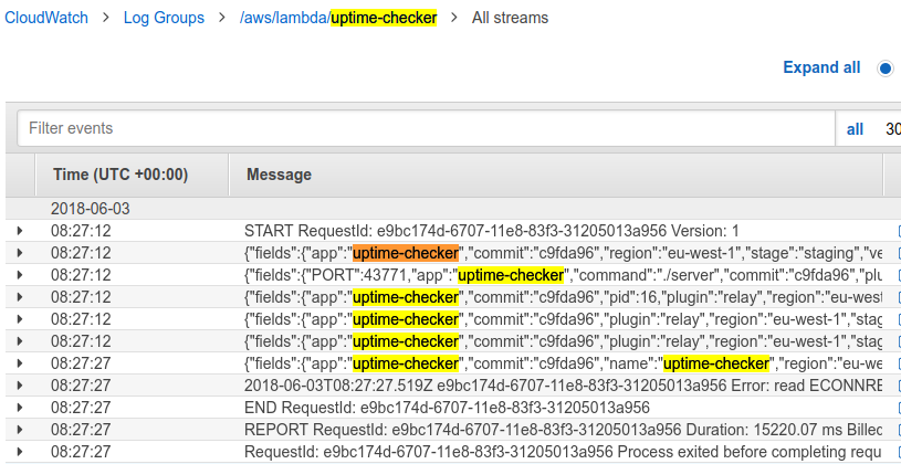 uptime-checker cloudwatch logs